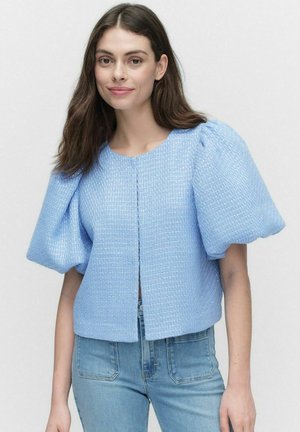 Veste courte bleu clair avec des manches bouffantes, en tissu texturé, et un col rond, dotée d'une fermeture à l'avant et d'une coupe décontractée.
