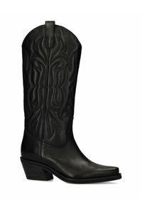 Bottine cowboy en cuir noir avec un bout pointu, un haut incurvé, des coutures décoratives gaufrées et un petit talon empilé.