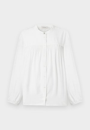White long-sleeve blouse with gathered yoke, button-up front, mandarin collar, and elastic cuffs.
