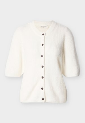 Cardigan bianco a maniche corte con dettagli a coste, scollo rotondo e sette bottoni scuri sul davanti.