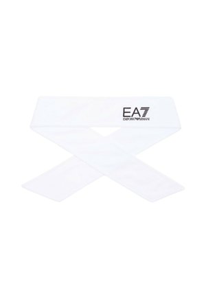 Fascia per capelli in tessuto bianco con logo EA7 Emporio Armani nero stampato su un lato.