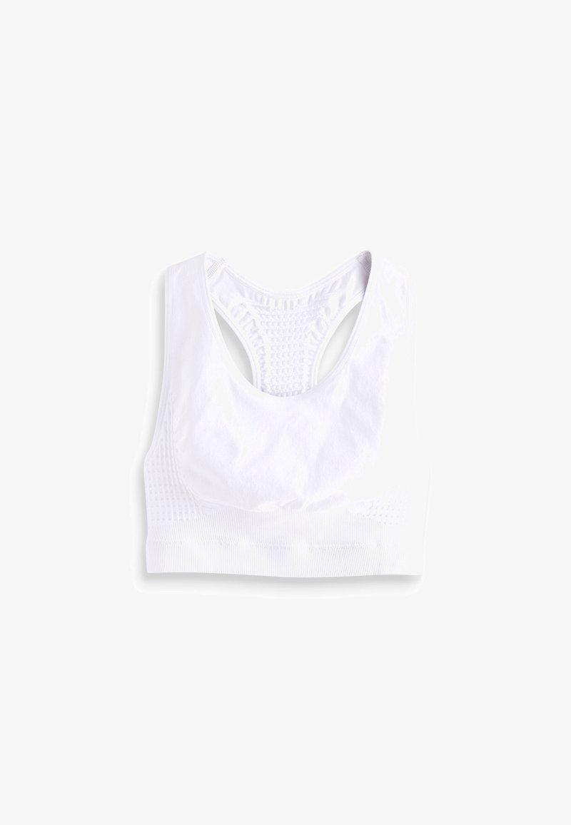 Witte sportbeha met een gestructureerde mesh achterkant en brede bandjes. Glad stof met een naadloos ontwerp, dat comfort en ondersteuning biedt.