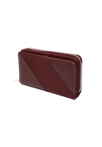 Burgundy leather wallet with a geometric design, featuring a smooth texture, a zip closure, and multiple compartments for cards and cash.