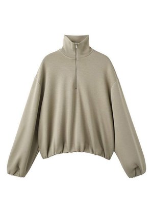 Beige long-sleeve pullover with a high collar, front zipper, wide sleeves, and elasticized hem, displayed on a white background.