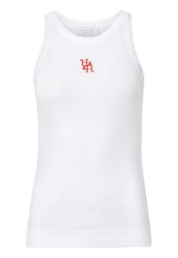 Weißes, geripptes Tanktop mit figurbetonter Passform. Verfügt über ein kleines rotes, gesticktes Logo an der Vorderseite. Hergestellt aus leichtem Stoff.