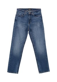 Jeans in denim blu con chiusura a bottone e cerniera, tasche frontali e per monetine, e gamba dritta, disposti su uno sfondo bianco.