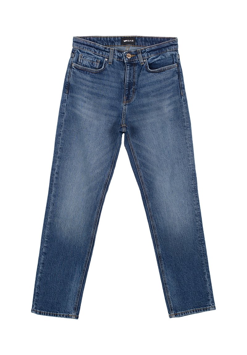 Jeans in denim blu con chiusura a bottone e cerniera, tasche frontali e per monetine, e gamba dritta, disposti su uno sfondo bianco.