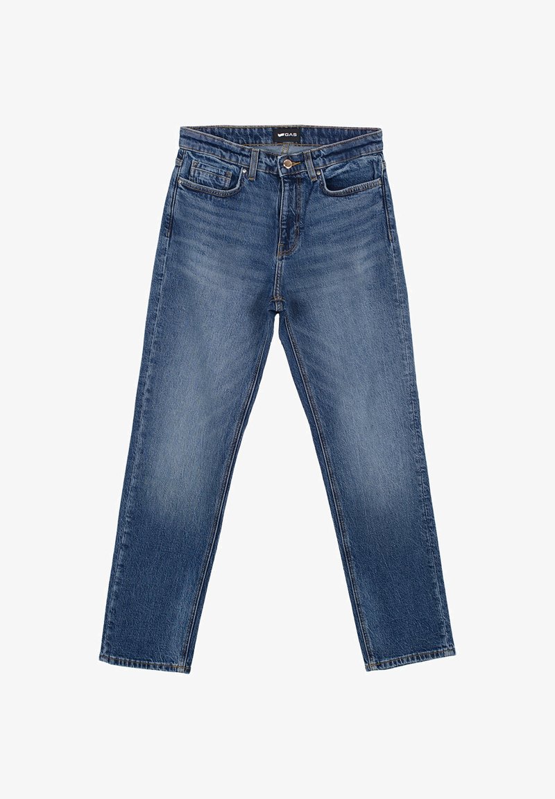 Jeans in denim blu con chiusura a bottone e cerniera, tasche frontali e per monetine, e gamba dritta, disposti su uno sfondo bianco.