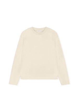 Maglione color crema realizzato in morbido tessuto a maglia, con scollatura rotonda a costine e maniche lunghe con fondo dritto.