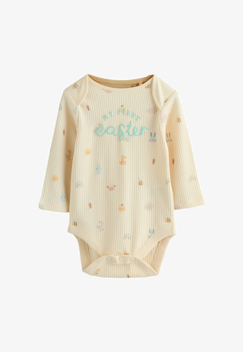 Body de bebé amarillo claro acanalado con mangas cortas, con estampados coloridos de temática de Pascua y el texto "Mi primera Pascua" en azul.