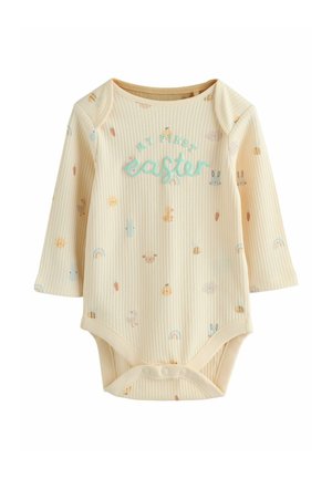 Light yellow ribbed baby bodysuit with short sleeves, featuring colorful Easter-themed prints and the text "My First Easter" in blue.