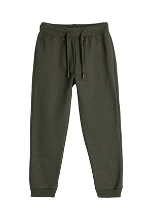 Olivgrüne Sweatpants aus weichem Stoff, mit einem elastischen Bund und Kordelzügen sowie gerippten Bündchen an den Knöcheln.