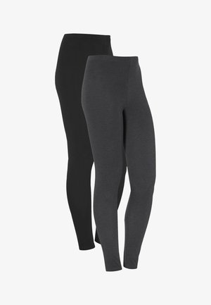 Zwei Paare Leggings: eines in einfarbigem Schwarz, das andere in Dunkelgrau. Beide verfügen über einen glatten, dehnbaren Stoff mit einem schlichten, figurbetonten Design.