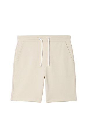 Shorts casual beige con coulisse bianca, vita elastica e tasche laterali, stesi su uno sfondo bianco.