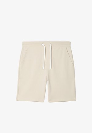 Beige casual shorts met witte trekkoord, elastische tailleband en zijzakken, plat gelegd op een witte achtergrond.