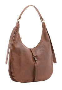 Borsa hobo in pelle marrone con una superficie liscia, forma arcuata e chiusura a zip superiore. Presenta una lunga tracolla regolabile.