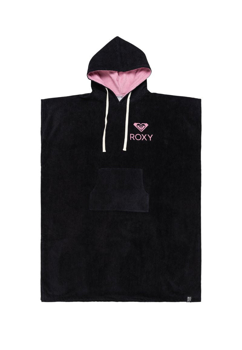 Mustapintainen huppuponcho, joka on valmistettu pehmeästä pyyhekankaasta; vaaleanpunainen vuori ja narut. Samanlainen etutasku ja brodattu "ROXY"-logo.