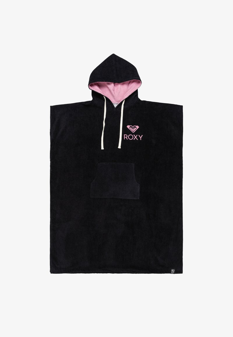 Zwarte hoody poncho van zacht handdoekmateriaal; met een roze voering en trekkoorden. Voorzien van een voorkant pocket en geborduurd "ROXY" logo.