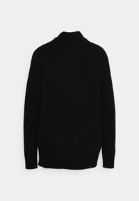 Schwarzer Strickpullover mit hohem Kragen, langen Ärmeln und lockerer Passform. Hat eine weiche Textur und ein schlichtes Design ohne sichtbare Muster.