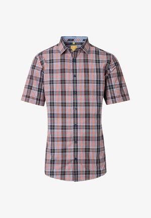 Karierte Kurzarmbluse in Rot, Blau und Weiß mit einem Button-Down-Kragen und einer blauen Innenauskleidung. Verfügt über ein durchgängiges kariertes Muster.