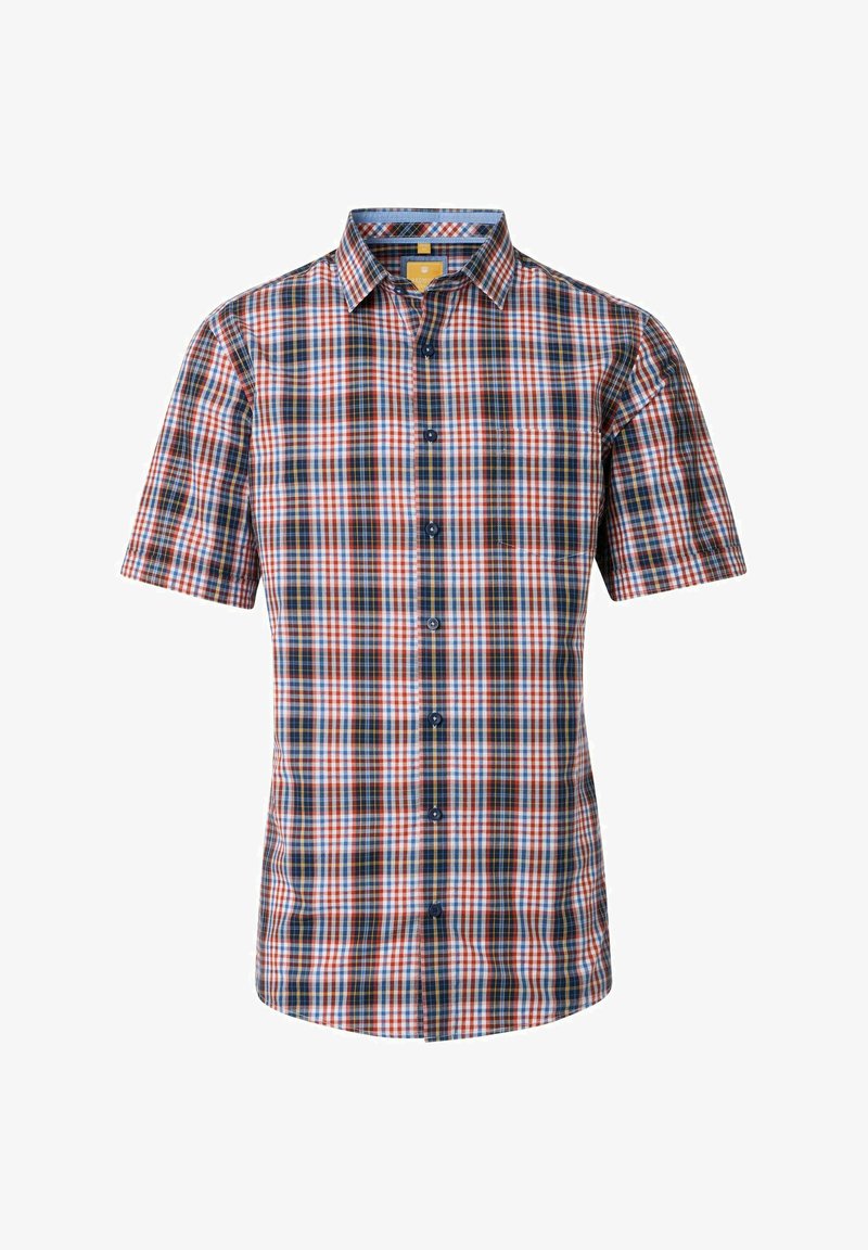 Kortærmet skovmandsskjorte i rød, blå og hvid med krave der kan knappes ned og blåt for. Har et ternet mønster hele vejen igennem.