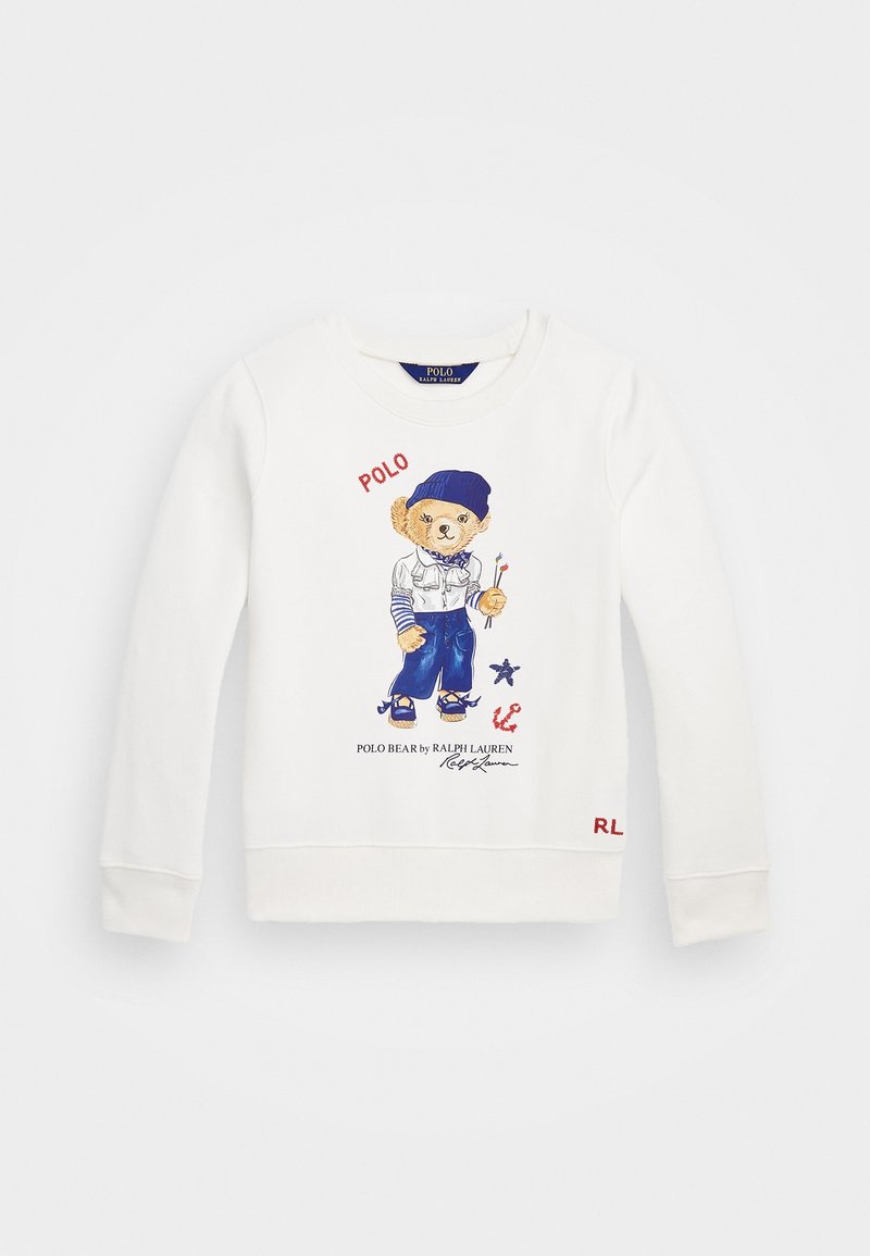 Chemise blanche à manches longues avec un graphisme d'ours portant un chapeau bleu, des manches rayées, un pantalon bleu et tenant des pinceaux, avec les textes "POLO" et "RL".