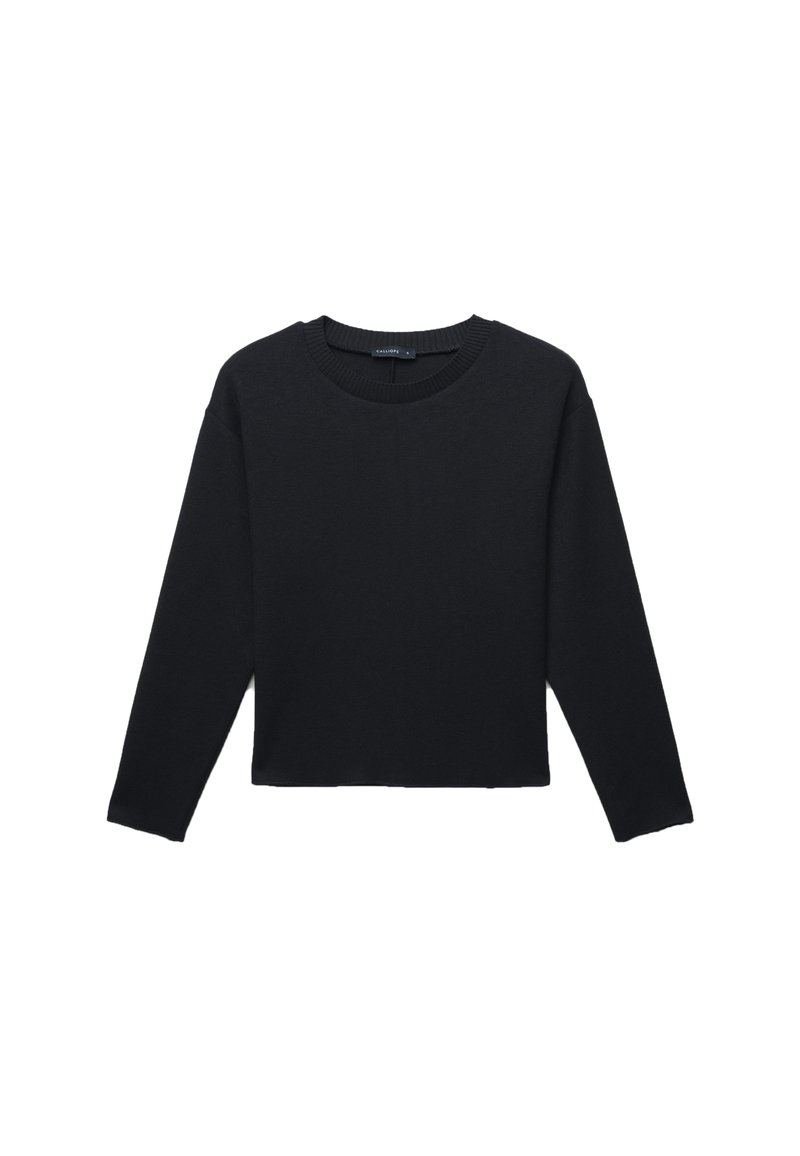 Maglione nero a maniche lunghe con collo a giro e orlo dritto, mostrato disteso su uno sfondo bianco.