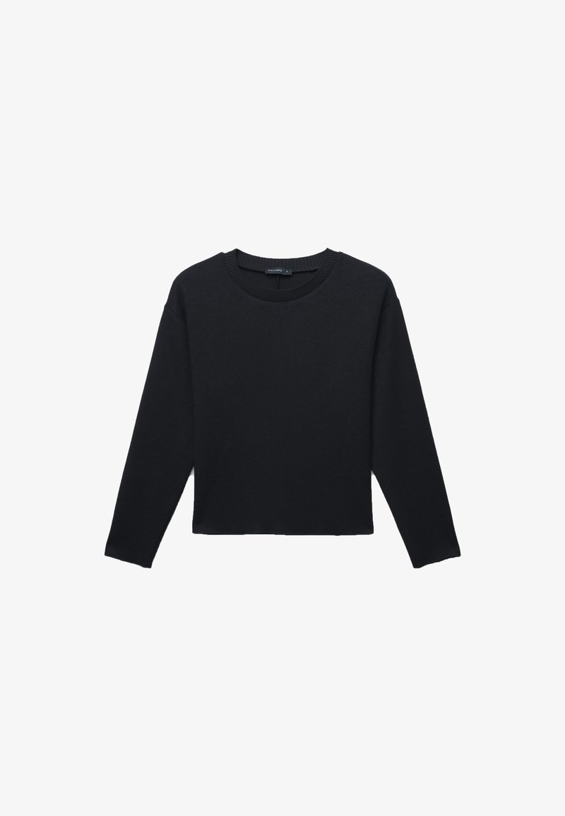 Maglione nero a maniche lunghe con collo a giro e orlo dritto, mostrato disteso su uno sfondo bianco.
