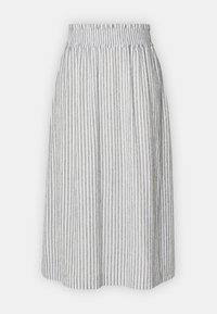 Falda de rayas con cintura elástica. Hecha de tela ligera, presenta franjas alternas claras y oscuras, con una silueta acampanada.