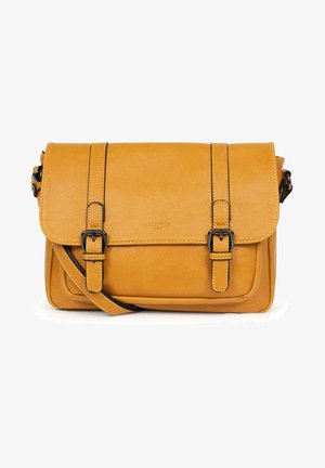 Yellow faux leather crossbody bag with a flap closure, double buckle accents, adjustable strap, and smooth texture. Compact rectangular shape.