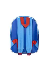 Zaino in nylon blu con spallacci rossi, dotato di schienale imbottito e maniglia superiore, texture liscia e piping bianco lungo i bordi.