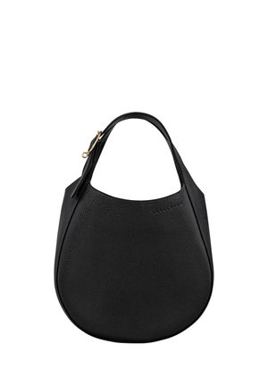 Black leather handbag with a curved shape and a single top handle. Features a textured surface and a gold-tone hardware accent.