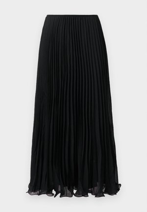 Zwarte plissé midi rok van doorzichtig materiaal met elastische tailleband, plat gepresenteerd op een witte achtergrond.