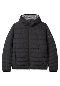 Schwarze Pufferjacke mit Kapuze, gestepptem Muster, vorderem Reißverschluss und zwei seitlichen Reißverschlusstaschen. Verfügt über ein kontrastierendes graues Innenfutter.