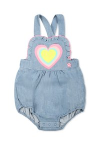 Salopette in denim con spalline regolabili, bordo a rouches rosa e una grafica a forma di cuore multicolore sul retro. Chiusura a pressione sul fondo.