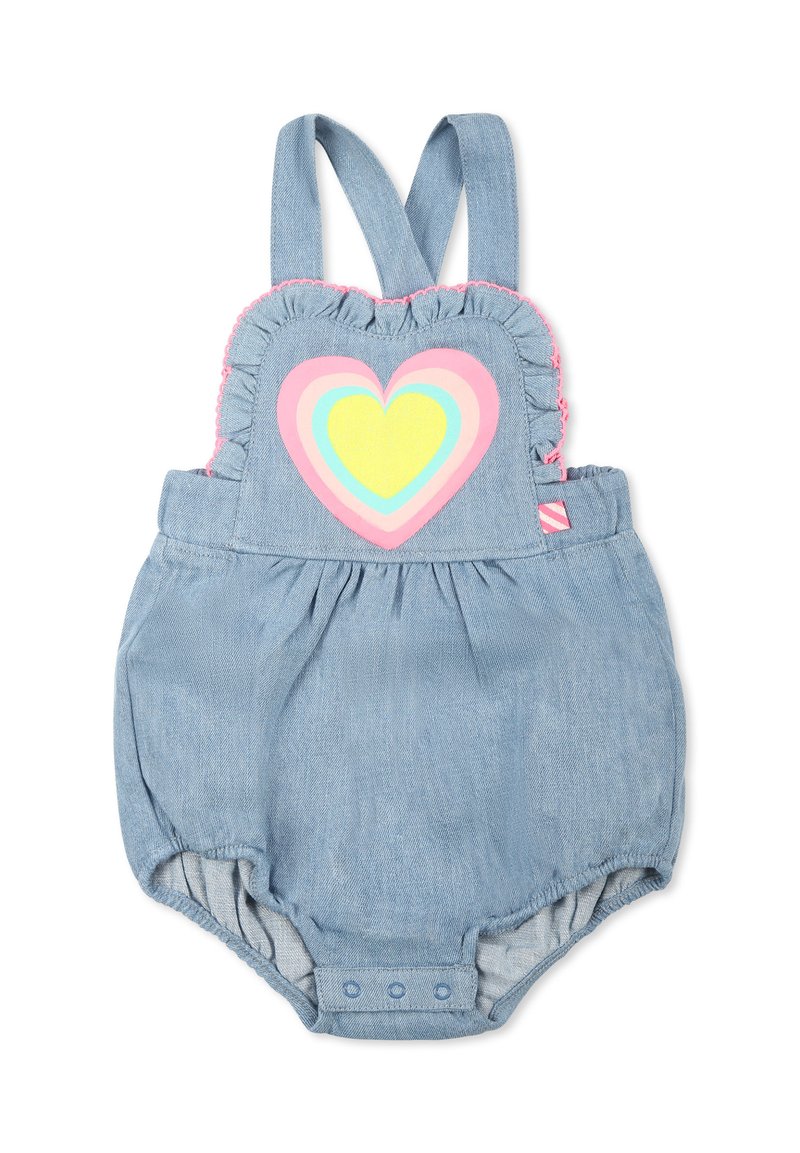 Salopette in denim con spalline regolabili, bordo a rouches rosa e una grafica a forma di cuore multicolore sul retro. Chiusura a pressione sul fondo.