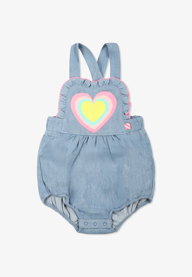 Salopette in denim con spalline regolabili, bordo a rouches rosa e una grafica a forma di cuore multicolore sul retro. Chiusura a pressione sul fondo.