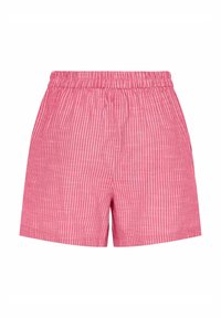 Shorts roses avec des rayures verticales blanches, taille élastique et coupe ample, adaptés à un usage décontracté.