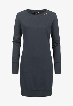 Dark gray long-sleeve dress with a round neckline, featuring two decorative buttons on the shoulder and ribbed cuffs and hem.