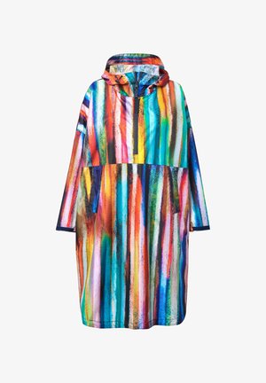 Mehrfarbiger Regenponcho mit Kapuze. Verfügt über vertikale Streifen in Blau, Orange, Grün und Pink. Hergestellt aus glänzendem, wasserabweisendem Material.