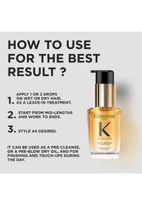Kérastase Elixir Ultime hair oil in a clear glass bottle with a black pump, gold accents, and 30 ml label. Instructions on usage displayed beside.