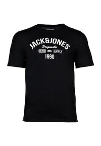 Camiseta de algodón negra con escote redondo. En la parte frontal presenta texto blanco: "JACK&JONES Originals DENIM SUPPLY 1990." Manga corta, corte clásico.