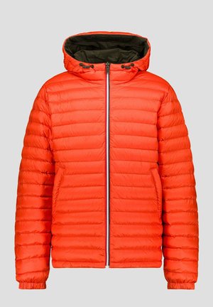 Orange puffer jacket with a hood, featuring horizontal quilting, a front zipper, and elasticized cuffs. Interior lining is dark green.