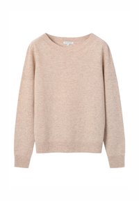 Jasnobeżowy sweter dziany o szerokim okrągłym dekolcie, długich rękawach i ściągaczu u dołu. Miękka faktura i swobodny krój.