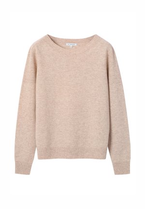 Jasnobeżowy sweter dziany o szerokim okrągłym dekolcie, długich rękawach i ściągaczu u dołu. Miękka faktura i swobodny krój.