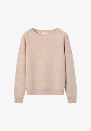 Vaaleanbeige neulepusero, jossa leveä pyöreä pääntie, pitkät hihat ja resorireuna. Pehmeä pinta ja rento istuvuus.