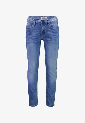 Schmal geschnittene blaue Jeans aus Denim mit leichtem Used-Effekt, Gürtelschlaufen, fünf Taschen und Knopfverschluss. Klassisches Design mit geraden Beinen.