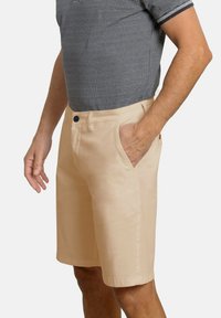 Pantalones cortos beige de tela suave con un corte clásico, que incluyen bolsillos laterales y un cierre de botón. Una textura sutil realza la superficie.