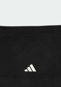 Top atletico nero in tessuto liscio, con logo a tre strisce bianco sul lato inferiore sinistro e design aderente.