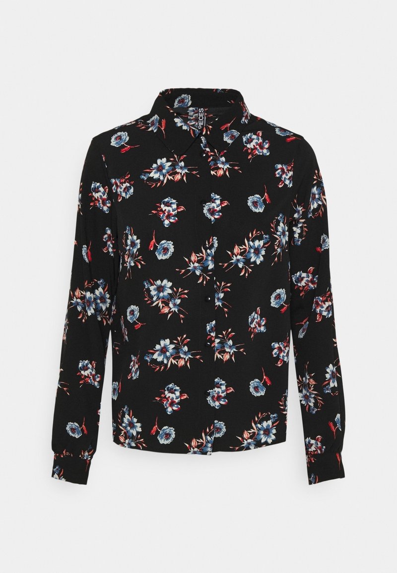 Chemise noire à manches longues ornée d'un motif floral dans des teintes de bleu et de rouge, avec un col et des fermetures à boutons. Texture de tissu lisse.